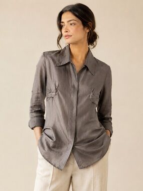 Silk Blend Quiet Luxury Sculptural Pleated Button Front Blouse